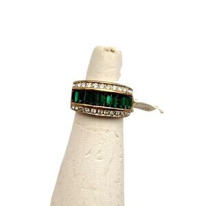 14kt Gold Plated 90s Green Emerald Crystal Ring Baguette Eternity Band NEW - 6